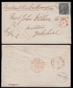 1858 cover franked with 4a black, on bluish, SG 35, tied by B/18, Type 7, from BARRACKPORE