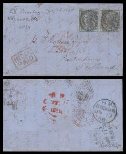 1858 cover to Scotland with 4a, black x 2, SG 35, inscribed via Bombay and Marseilles, ”IN