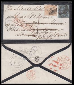 1859 mourning cover to England inscribed ”Via Marseilles” franked with EI 2a, orange and 4