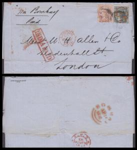 1860 folded letter from Serampore franked with 2a, SG 44 + 4a, SG 45, with ”INDIA PAID” an