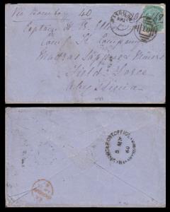 1868 QV 4a, green tied with Madras Circle, type 7, duplex cancellation of Bangalore ”10”, 