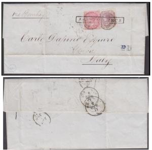 1871 Entire from Madras to Italy franked with EI, 8a dull rose and 8p purple, tied with pr