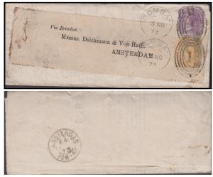 1873 entire with EI, 8p purple, 2a orange, tied by type 21, Bombay outward duplex cancella