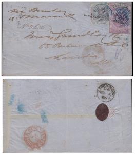 1886 cover franked with 6a bill and 8p mauve, tied by ”B/1” type 7, to London via Marseill