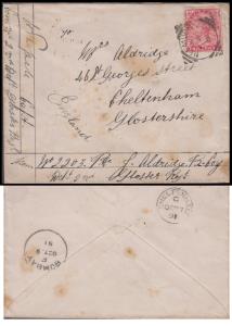 1891 QV 9p rate soldiers letter from Neemuch to UK, fine, Rare.
