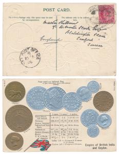 1906 Coin Postcard, Empire of British India and Ceylon depicting embossed coins from Briti