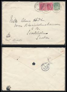 1908 Cover to Sweden franked with KED VII ½a and 1a pair tied by “VICEROY’S CAMP P.O./17 S