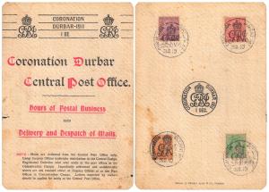 1911 Coronation Durbar folder, KGV 1/2a, 1a, 2a and 3a tied by ”CORONATION DURBAR / DEC.10