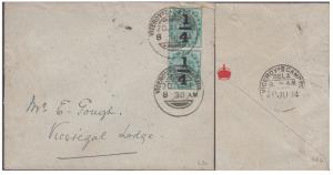 1914 Envelope franked with QV 1/4a on 1/2a x 2, tied by ”VICEROY’S CAMP P.O/20 JU 14”, add
