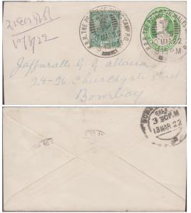 1922 PS KGV 1/2a envelope, additional franking of KGV 1/2a adhesive, each tied by ”H.R.H. 