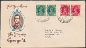 1937 KG VI 9p pair and 1a pair, SG249-50, private FDC depicting KG VI portrait in an oval 