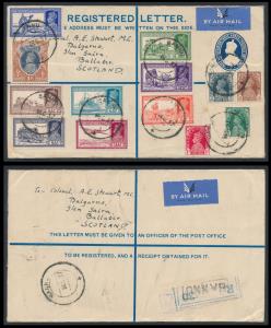 1937 KGV 1a + 3a, Airmail Registered PSE additionally franked with KG VI set from 3p to 1R