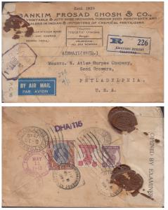 1943 Registered Airmail letter franked with KGV 1/2a, 12a and 1Re cancelled by Calcutta co