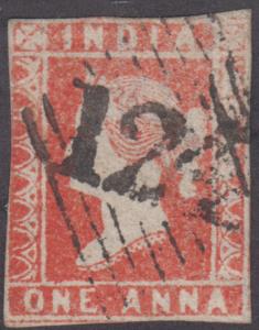 India used in Aden, 1854 QV, 4a, litho cancelled by ”124” in horizontal diamond of bars, c