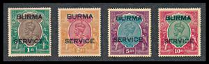1937 India used in Burma, KGV stamps optd. ”BURMA/SERVICE”, 1Re, 2Rs. & 5Rs., SG O11-13, M