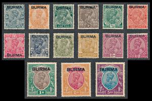1937 India used in Burma, KGV stamps optd. ”BURMA”, 3ps to 5Rs., set of 15 stamps, SG 1-15