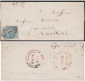 1860 India used French India, EI 1/2a, blue, tied with Pondicherry ”C/111”, cancellation o