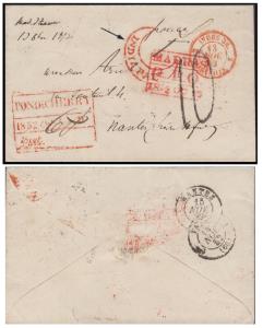 India used in French India, 1852 ”PONDECHERRY/ 1852 October 31 / Paid”, in red, Giles Type