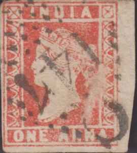 India used in French India, 1854 QV 1a, red, litho, die I, with Karaikal ”C/147” cancellat