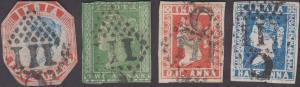 India used in French India, 1854 QV 1/2a, 1a, 2a and 4a, litho, with Pondicherry ”C/ 111” 