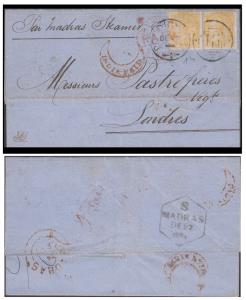 1865 India used French India, EI 2a x 2, yellow, on entire addressed to London from Pondic