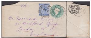 India used in French India, 1897 PS QV ½ envelop, additionally franked with QV 2a, tied wi