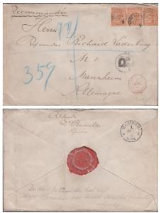 1890 India used in Zanzibar, QV 3a x 3, tied by ”ZANZIBAR/REG/JA 3 90”, on a registered co