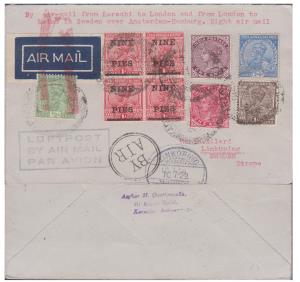 1929 ”BY air-mail from Karachi to London and London to Malmo in Sweden over Amsterdam-Hamb