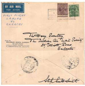 1934 First Flight Cover, Lahore to Karachi, addressed to Hon. Secretary, The Indian Air Ma