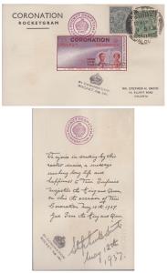1937, Coronation Rocketgram cover and message, cover with ”CORONATION/ROCKET DESPATCH” red