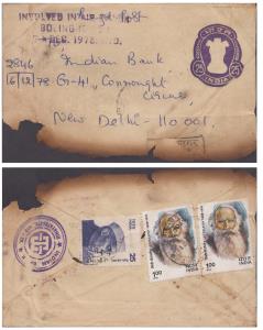 1978 Crash cover, 25p Lion capital embossed envelop registered from Hyderabad to New Delhi