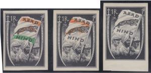 1943 Azad Hind stamps, high value 1Re, 3 values, in black, black & orange and black, orang