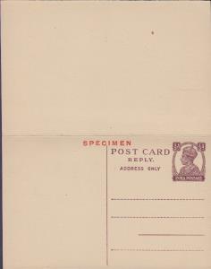 1946 PS PC, KGVI 1/2a x 1/2, violet on buff, reply card, overprinted ”SPECIMEN” in red, mi
