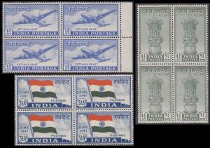 1947 “Jai Hind”, set of 3 stamps, #284a, blk of 4, MNH, white gum, very fine.