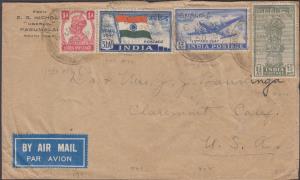 1948 Air Mail cover bearing “Jai Hind”, set of 3 stamps,, additional franking of KGV 1a, t