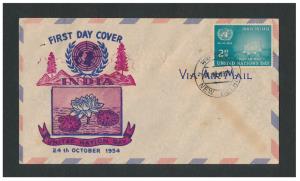 1954 United Nations, SG352, private unaddressed FDC depicting picture of UN logo and Lotus