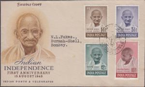 1948 Mahatma Gandhi, set of 4, Official FDC, #289a, SG 305-8, very scarce, fine.