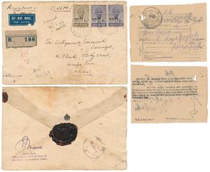 1948 Mahatma Gandhi, combination usage of 1 ½ a, and 3 ½ a pair, optd. “SERVICE”, on Regis