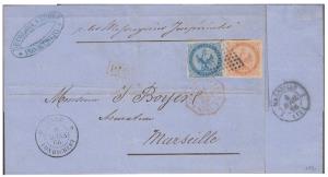 1866 French India Letter with 20 centimes blue and 40 centimes orange stamp tied with hexa