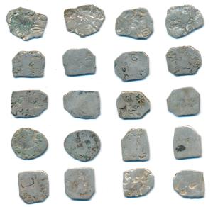 Late Mauryan Punch-marked, Silver Karshapana (10), various symbols including sun, six arme