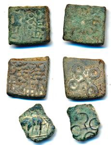 Ujjaini, Uninscribed, Copper Unit (3), 5g, Shiva standing, tree and indistinct symbols; th