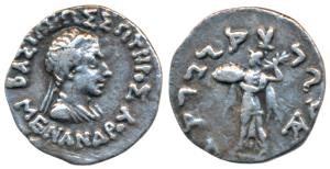 Indo-Greeks, Menander I, Silver Drachm, 2.28g, Bilingual series, obv. diademed and draped 