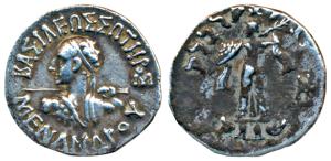 Indo-Greeks, Menander I, Silver Drachm, 2.30g, obv. diademed bust to left seen from behind