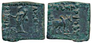 Indo-Greeks, Philoxenos (c. 100-95 BC), Copper Square Unit, 7.83 g, City-Goddess standing 
