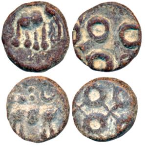 Satavahanas Feudatory, Iksvakus of Karnataka, Lead Karshapana (2), 3g and 3.42g, obv. an e
