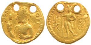 Kushanas, Huvishka, Gold Dinar, 7.58g, obv. crowned half length bust of the king seated on