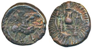 Vishnukundin Dynasty (c. 450-615 AD), Copper base alloy Unit, 8.45g, obv. lion to right wi