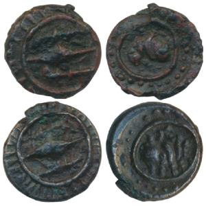 Vishnukundin Dynasty, Copper base alloy ¼ Unit (2), obv. bull facing right within dotted c