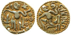 Imperial Cholas, Rajaraja I (985-1014 AD), Base Gold Kahavanu,4.3g, king reclining on mat 