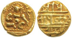 Vijayanagar Empire, Krishnadeva Raya, Gold ½ Pagoda, 1.69g, seated Balakrishna flanked by 